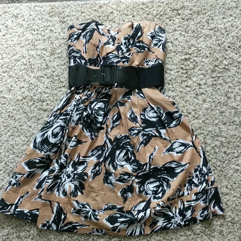 Tan, black and white belted, strapless dress